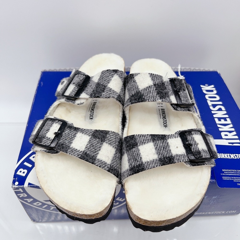 Birkenstock Arizona Rivet Shearling Sandal White Black Plaid Wool EU 46 US 13.5 - Picture 5 of 10